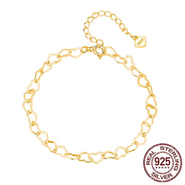 Pameer Store Real 925 Sterling Silver Heart Shape Gold Plated Chain Link Cuban Hip Hop Wrist Bracelet - Image 2