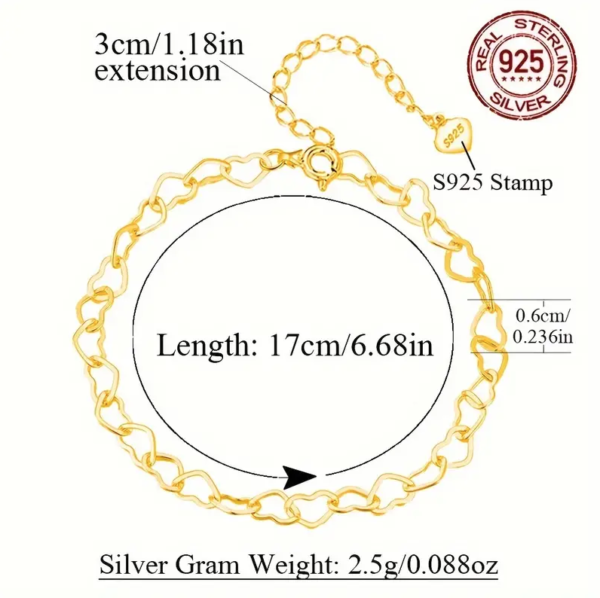 Pameer Store Real 925 Sterling Silver Heart Shape Gold Plated Chain Link Cuban Hip Hop Wrist Bracelet - Image 4