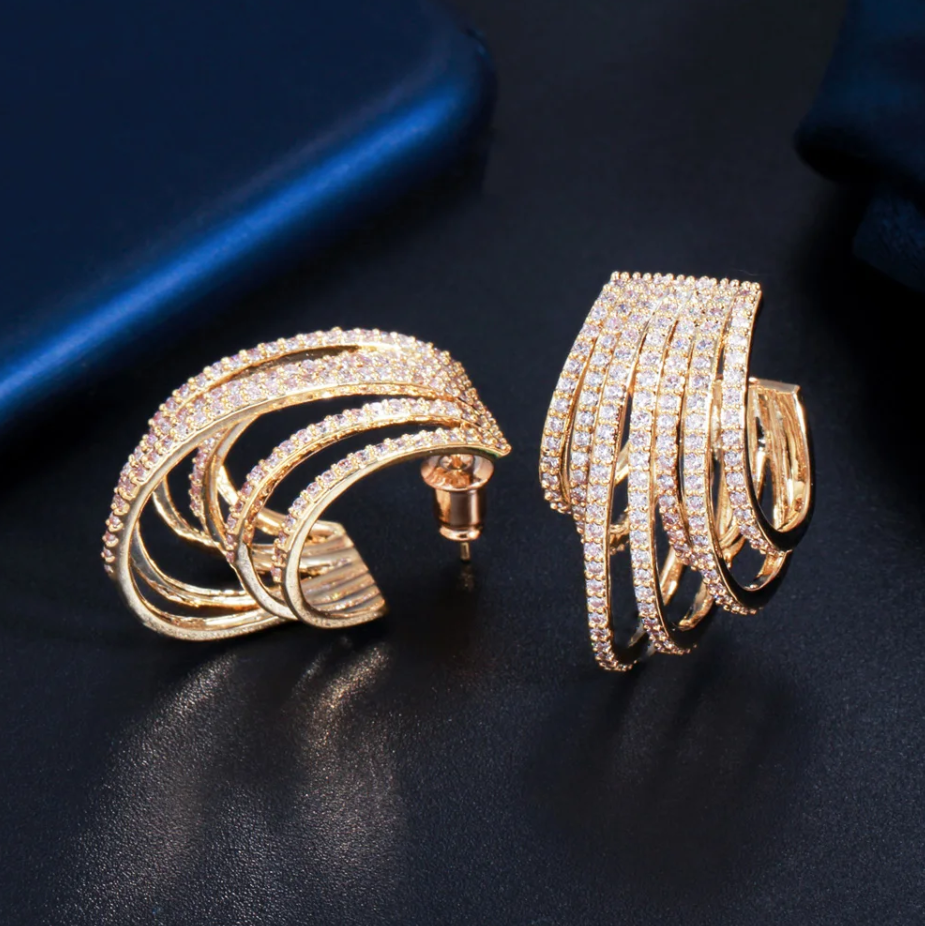 Pameer Store Micro Pave CZ Gold Plated Geometric Half Round Circle Hoop Earrings - Image 6