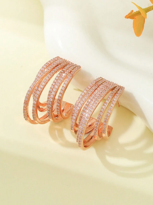 Pameer Store Micro Pave CZ Gold Plated Geometric Half Round Circle Hoop Earrings - Image 9