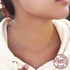 Pameer Store 925 Sterling Silver Heart Shape Crafted Simple Style 18K Gold Plated Chain Link Necklace