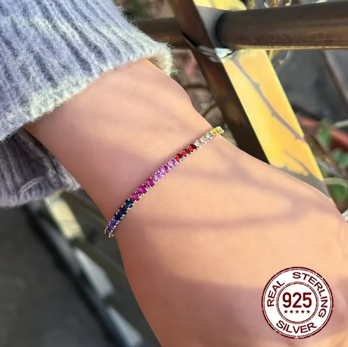 Pameer Store Mixcolor 3mm Cubic Zirconia 925 Sterling Silver Tennis Bracelet - Image 3