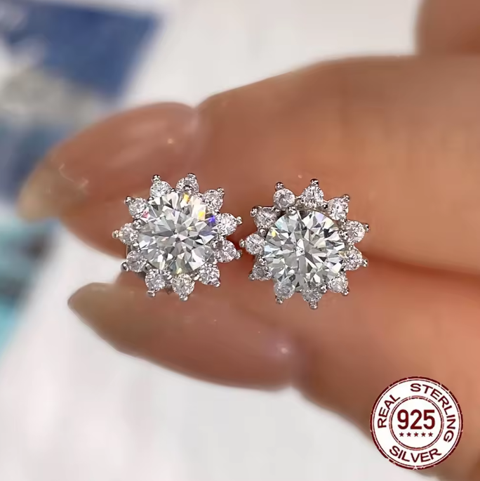 Pameer Store Dazzling Diamond Like Sunflower S925 Sterling Silver 8mm Cubic Zirconia Stud Earrings - Image 4