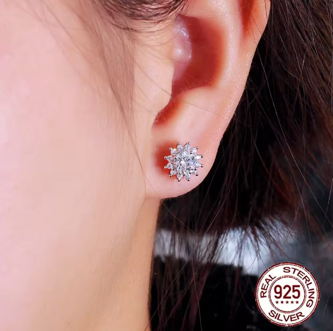 Pameer Store Dazzling Diamond Like Sunflower S925 Sterling Silver 8mm Cubic Zirconia Stud Earrings