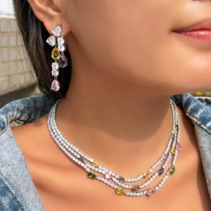 Silver Plated 3 Layer Multicolor Cubic Zirconia Water Drop Necklace and Earrings Jewelry Set