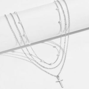Pameer Store 925 Sterling Silver Cross Pendant With Bead Chain Exquisite Three Layer Chain Necklace