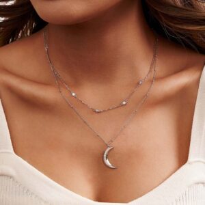 Pameer Store 925 Sterling Silver Simple Versatile Moon Pendant Clavicle Double Layer Chain Choker Necklace