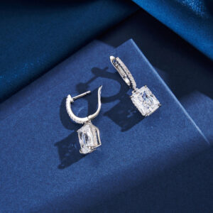 925 Sterling Silver Rhodium Plated Clear White Square Princess Cut Cubic Zirconia Dainty Drop Earring