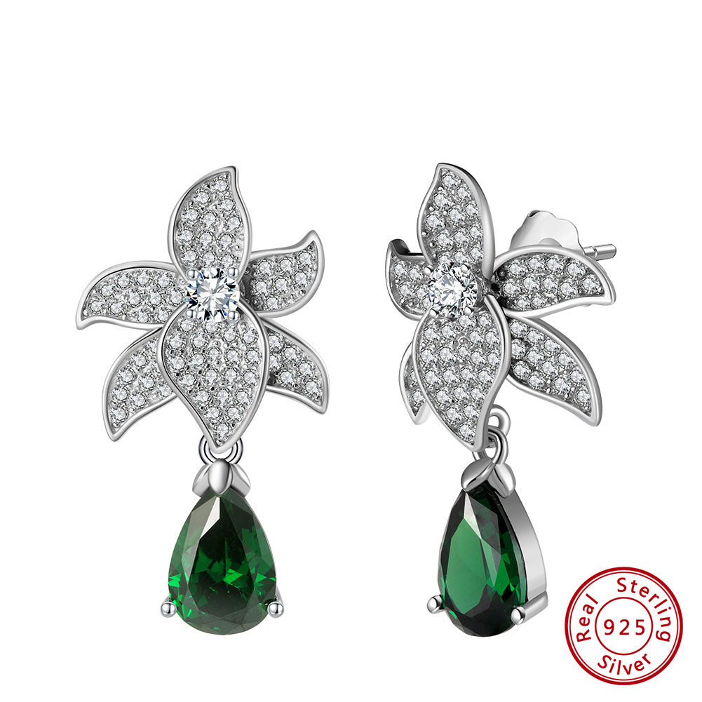 Pameer Store Light Luxury 925 Silver Inlaid High Cubic Zirconia Versatile Sweet Flower Water Drop Green Treasure Earring - Image 2