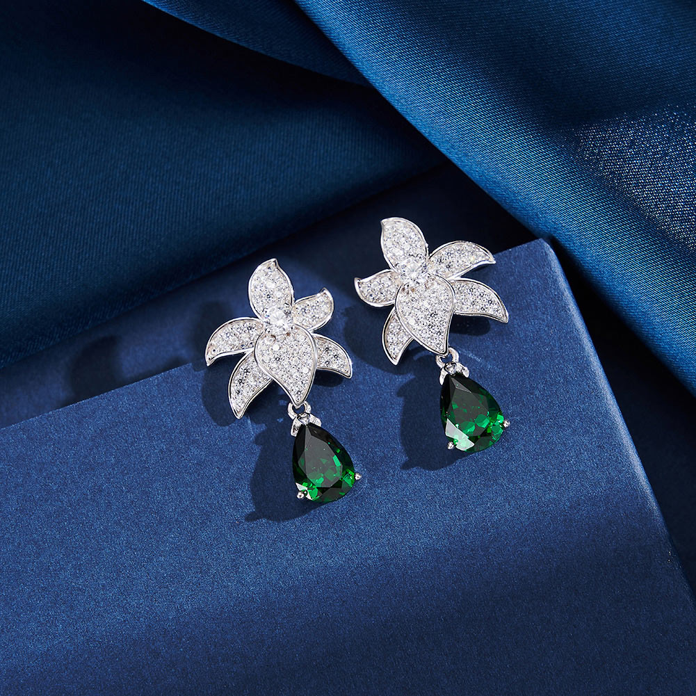 Pameer Store Light Luxury 925 Silver Inlaid High Cubic Zirconia Versatile Sweet Flower Water Drop Green Treasure Earring - Image 3