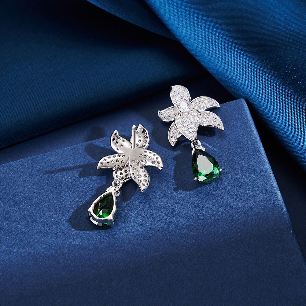 Pameer Store Light Luxury 925 Silver Inlaid High Cubic Zirconia Versatile Sweet Flower Water Drop Green Treasure Earring - Image 6