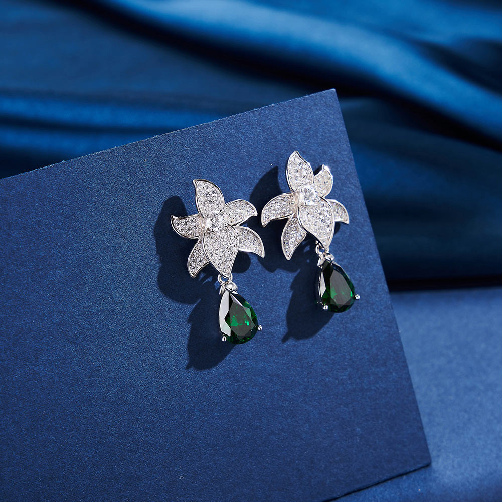 Pameer Store Light Luxury 925 Silver Inlaid High Cubic Zirconia Versatile Sweet Flower Water Drop Green Treasure Earring - Image 4