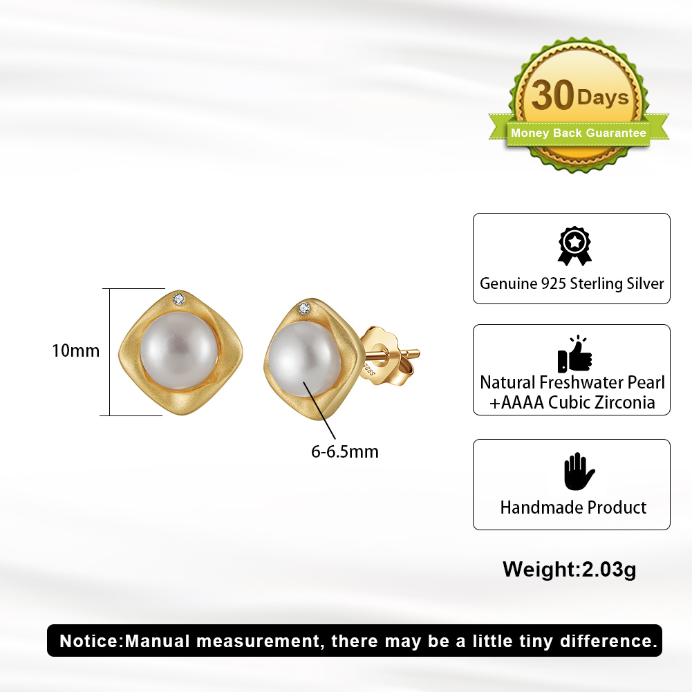 Pameer Store Solid 925 Sterling Silver Natural Round 6mm Genuine Pearl Clasp Stud Earring - Image 5