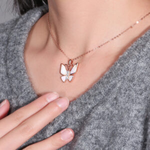 Pameer Store 925 Sterling Silver Rose Gold Plated Beautiful Butterfly Pendant White Zircon Necklace