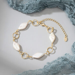 Pameer Store 14K Gold Plated 925 Sterling Silver Link Chain Baroque Freshwater Pearl Bracelet