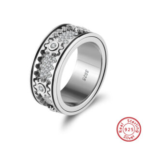 925 Sterling Silver Zirconia Cogwheel Fidget Rhodium Plated Anxiety Relief Spinner Men Ring
