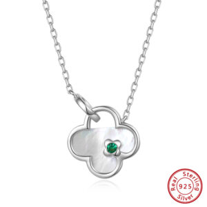 Pameer Store Natural Seashell With Green Clover Pendant 925 Sterling Silver Necklace