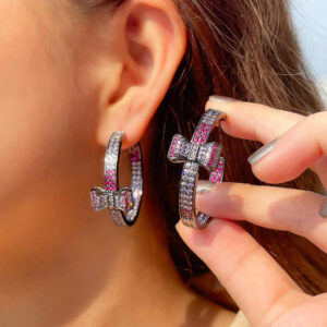 Black Gun Plated Micro Inlay Cubic Zircon Purple Red Bowknot Round Double Sided Big Hoop Earring