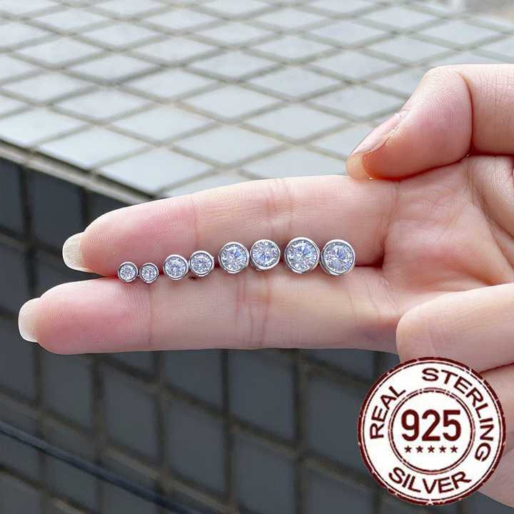 Round Cut CZ Cubic Zirconia Bezel Setting 925 Sterling Silver Stud Earring -5mm