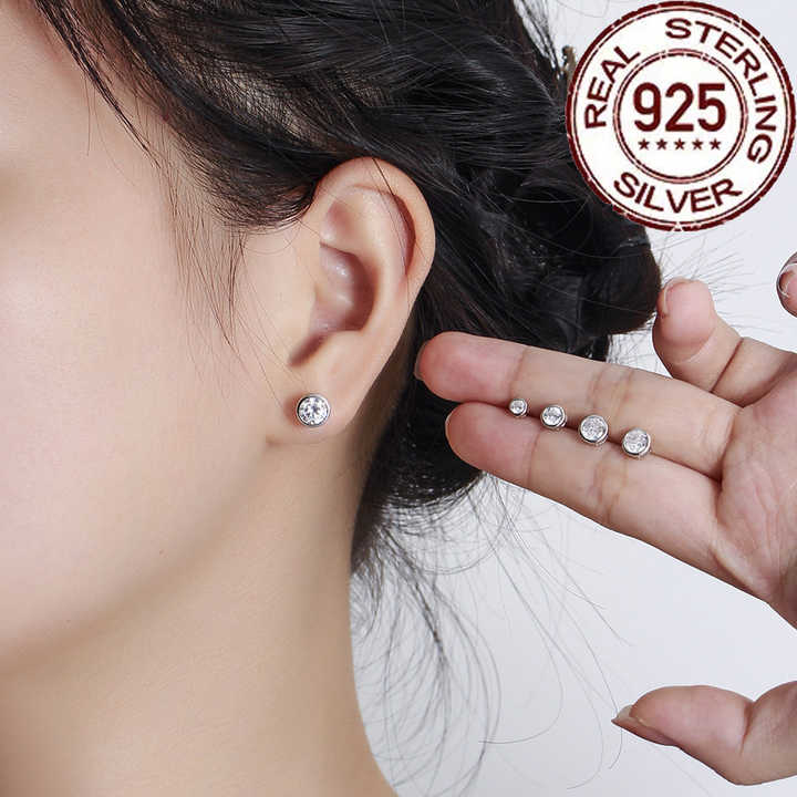 Round Cut CZ Cubic Zirconia Bezel Setting 925 Sterling Silver Stud Earring -5mm - Image 2