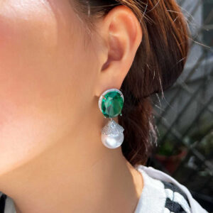 Glamorous Cubic Zircon Green Crystal Imitation Pearl Banquet Dangle Drop Earring