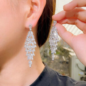 Elegant Shiny White Cubic Zircon Stone Long Dangle Drop Leaf Earring