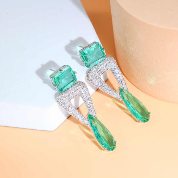 Triangle Dangling Green Water Drop Long Crystal Earring - Image 2