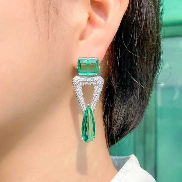 Triangle Dangling Green Water Drop Long Crystal Earring