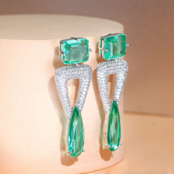 Triangle Dangling Green Water Drop Long Crystal Earring - Image 9