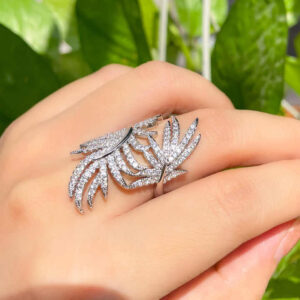 Micro Pave Setting Cubic Zirconia Big Feather Shaped Adjustable Ring