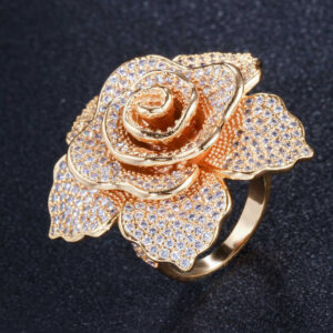 Shiny Cubic Zircon Crystal Chunky 3D Big Rose Flower Adjustable Ring