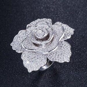 Shiny Cubic Zircon Crystal Chunky 3D Big Rose Flower Adjustable Ring