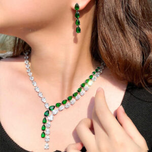 Brilliant Green CZ Stone Water Drop Long Tassel Earring and Necklace Jewelry Set