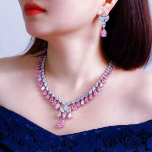 Luxury Pink Cubic Zirconia Water Drop Shape Necklace and Earrings Jewelry Set