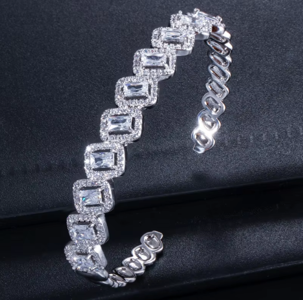 Princess Cut Cubic Zirconia Silver Adjustable Hand Wrist Cuff Bangle
