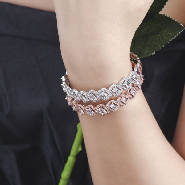 Princess Cut Cubic Zirconia Silver Adjustable Hand Wrist Cuff Bangle - Image 4