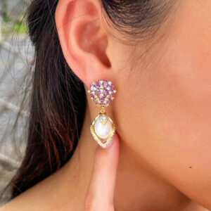 Gold Plated Cubic Zirconia Stone Purple Pearl Dangle Drop Earring