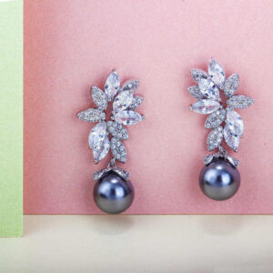 Shiny Cubic Zirconia Leaf Shape Silver Dangling Gray Pearl Drop Earring