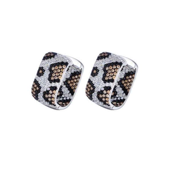 Two Tone Silver Double Sided Cubic Zirconia Rectangle Leopard Hoop Earring - Image 3