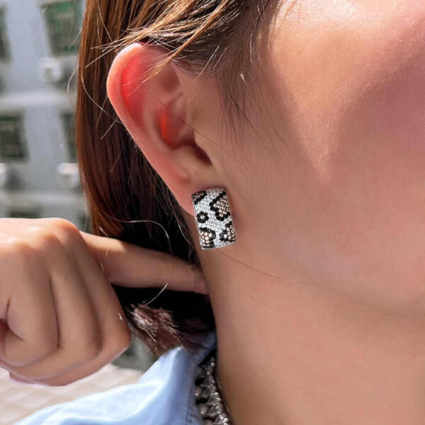 Two Tone Silver Double Sided Cubic Zirconia Rectangle Leopard Hoop Earring - Image 6