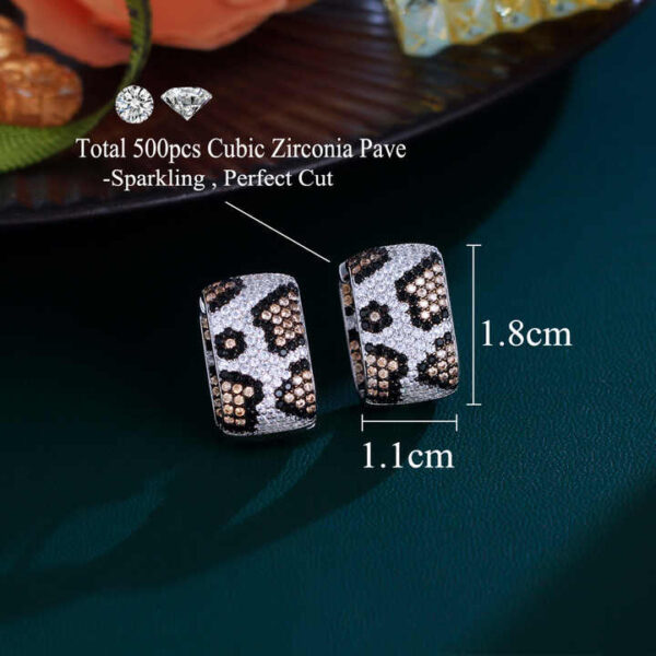 Two Tone Silver Double Sided Cubic Zirconia Rectangle Leopard Hoop Earring - Image 4