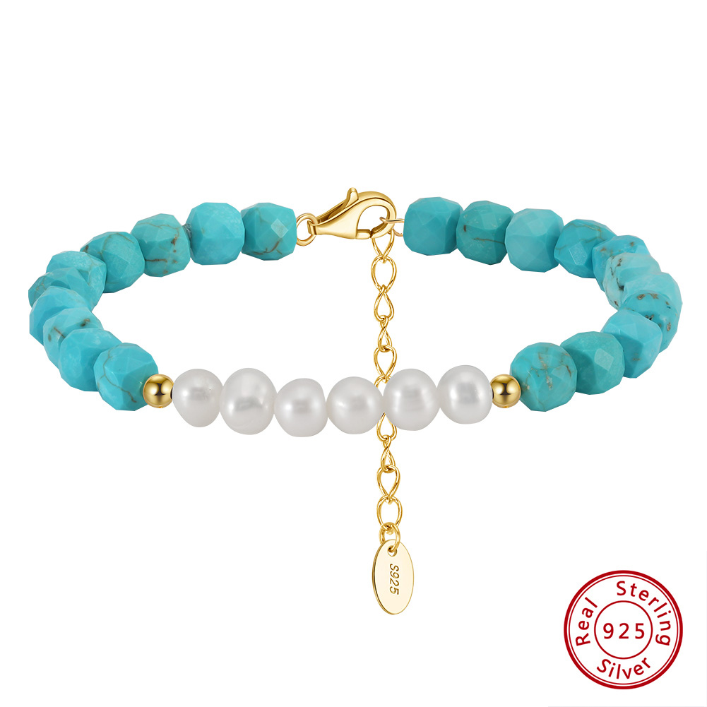 Simple S925 Sterling Silver 4.8mm Turquoise and Baroque Natural Freshwater Pearl Bracelet - Image 2