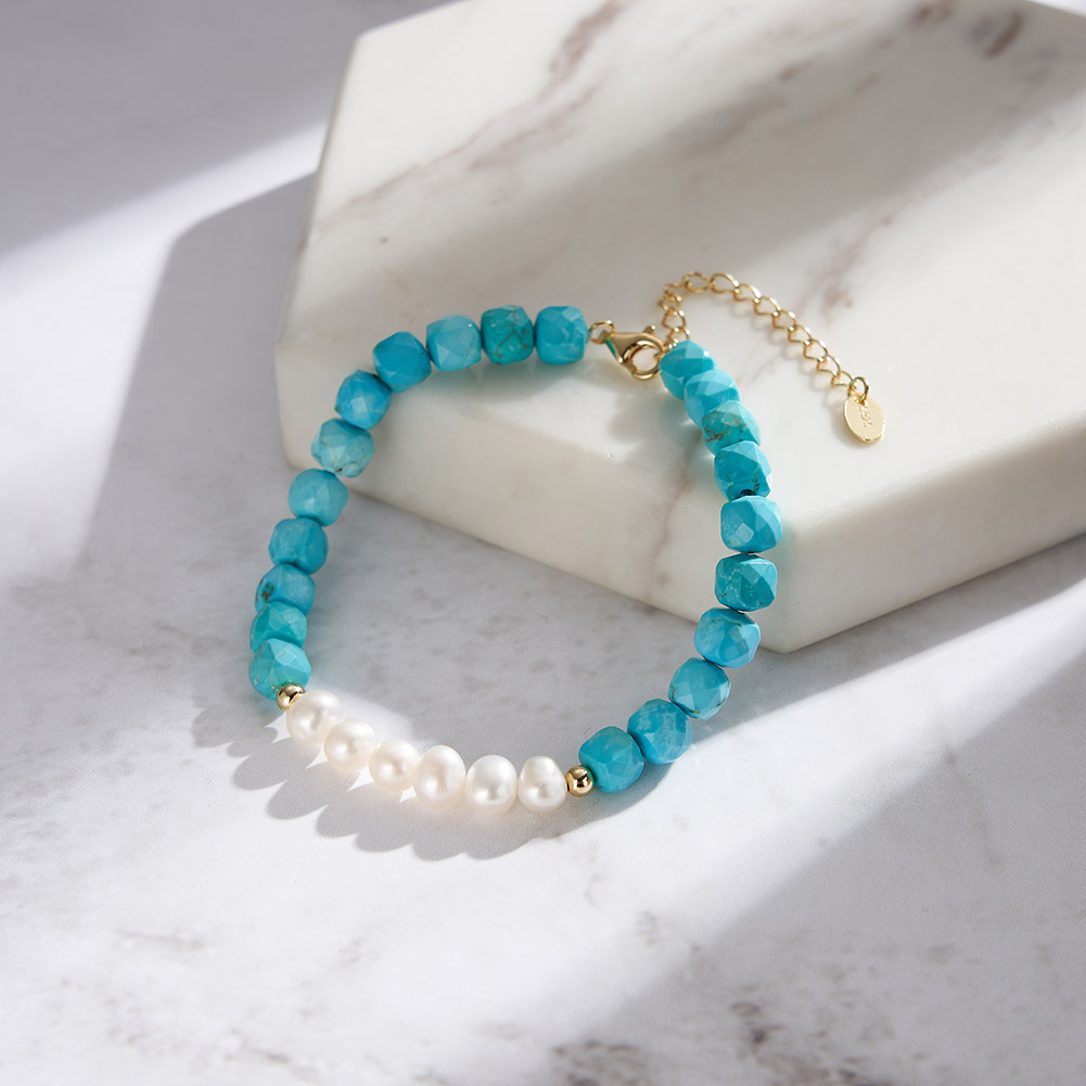 Simple S925 Sterling Silver 4.8mm Turquoise and Baroque Natural Freshwater Pearl Bracelet