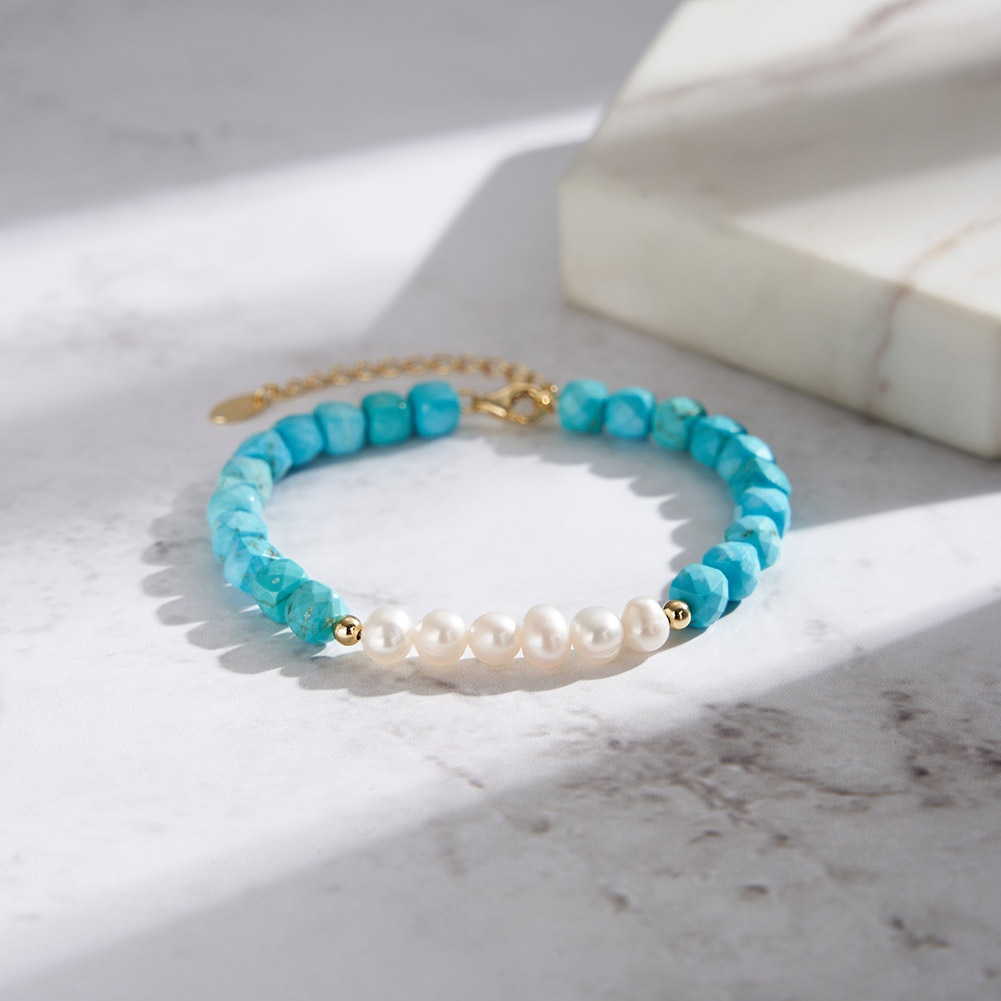 Simple S925 Sterling Silver 4.8mm Turquoise and Baroque Natural Freshwater Pearl Bracelet - Image 5