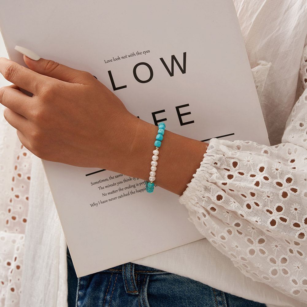 Simple S925 Sterling Silver 4.8mm Turquoise and Baroque Natural Freshwater Pearl Bracelet - Image 6