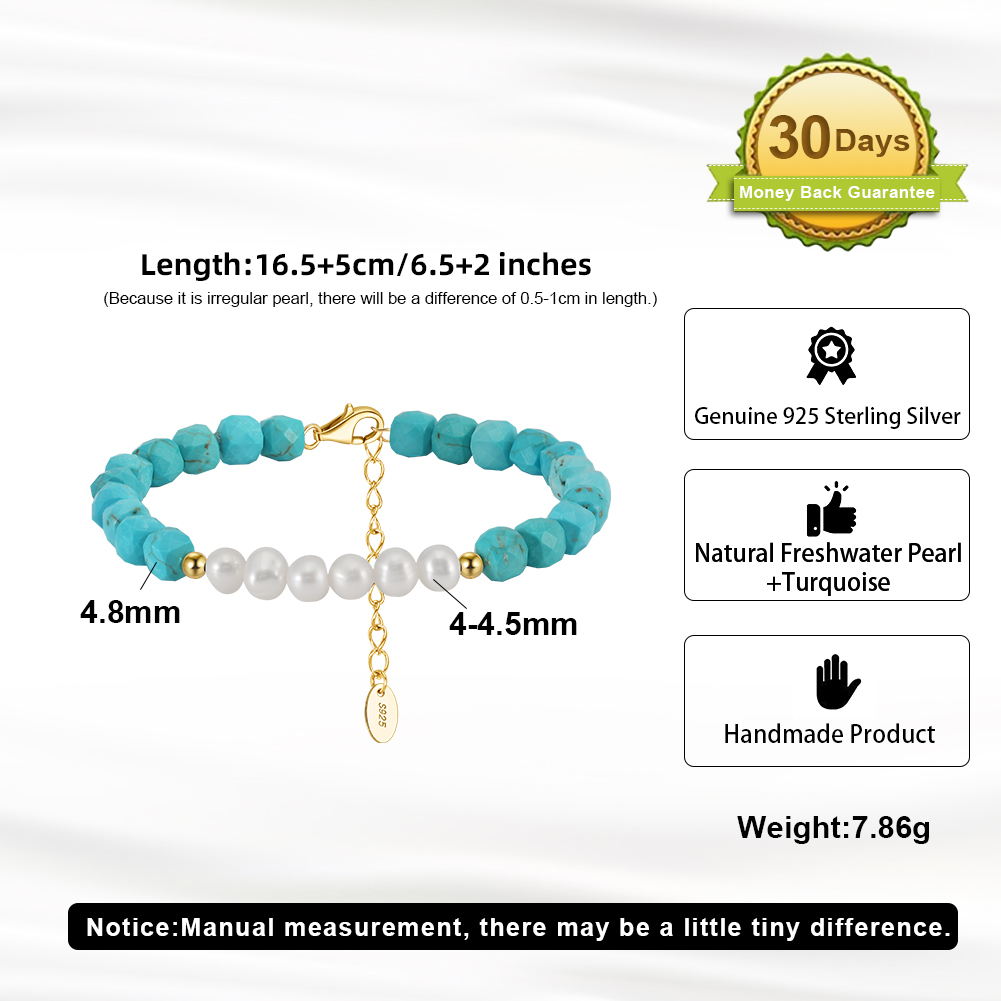 Simple S925 Sterling Silver 4.8mm Turquoise and Baroque Natural Freshwater Pearl Bracelet - Image 3