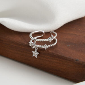 S925 Silver Double Design Adjustable Crescent Moon and Star Multi Layer Ring