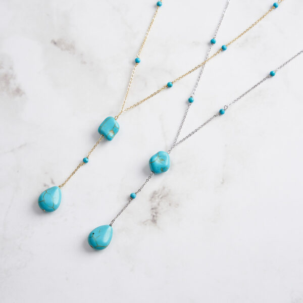 New Trendy Sterling Silver Y Shaped Smaller Bead Turquoise Long Tassel Necklace - Image 2