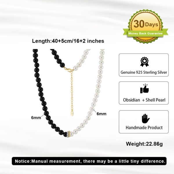 Bohemian Style Half 6mm Obsidian Half 6mm Pearl Bead Chain 925 Sterling Silver Choker Necklace - Image 5