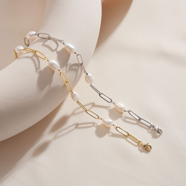 Paper Clip Chain and Cultured Freshwater Pearl 925 Sterling Silver Hypoallergenic Bracelet - Image 4